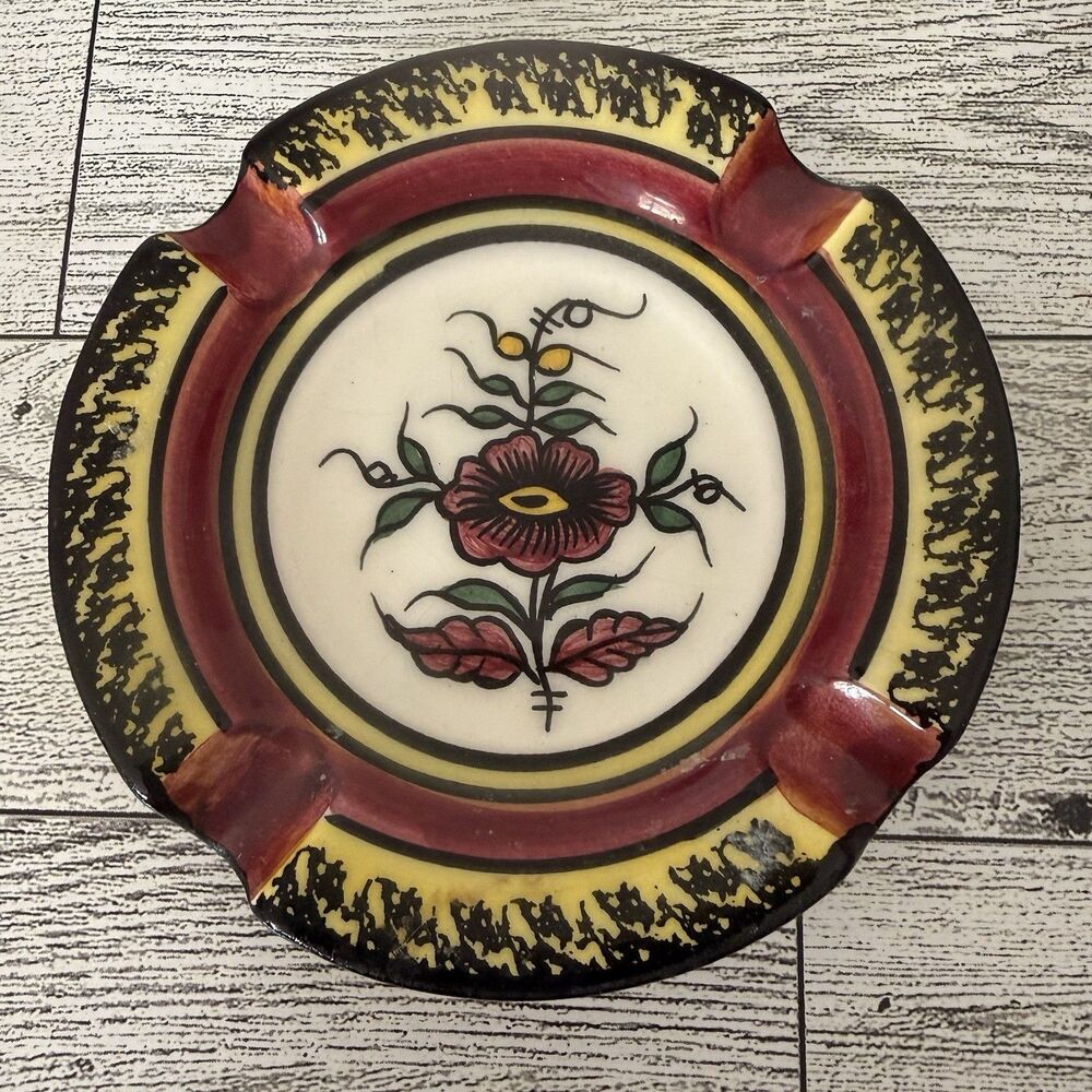 Henriot Quimper France 4 Slot Ceramic Hand Painted Ashtray 3.75" Vintage Retro